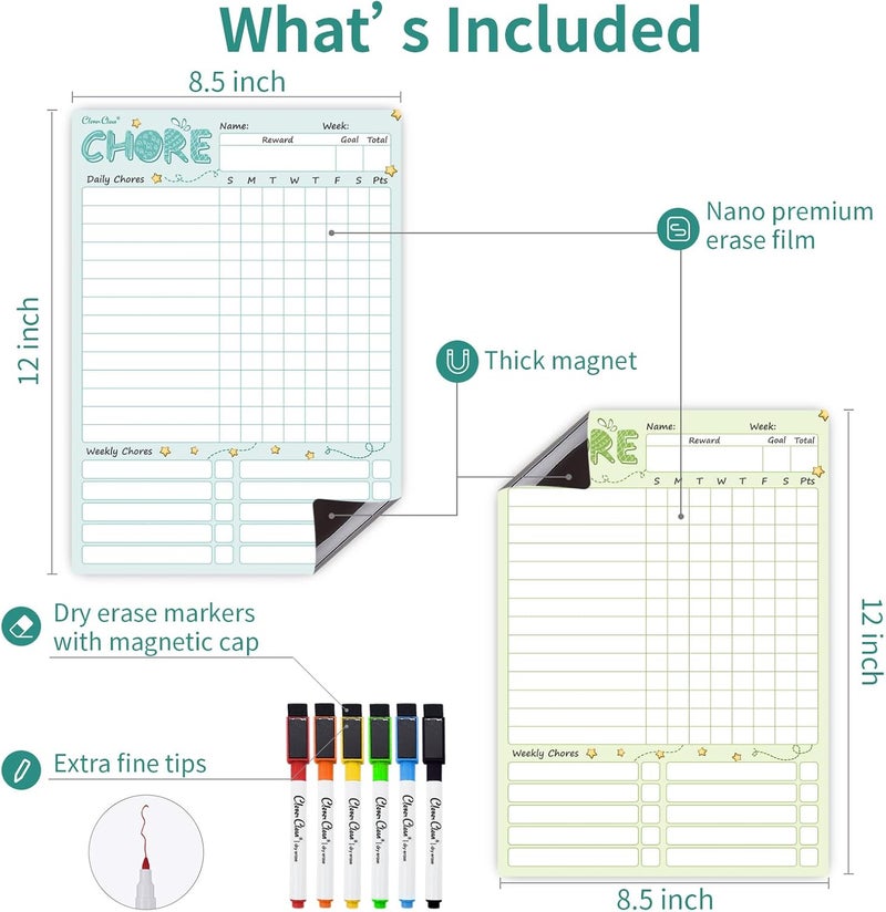 Clever Clean Magnetic Dry Erase Chore Chart - 8.5"x12" Behavior Responsibility Chore Board for Kids, Teenagers - 6 Extra Fine Point Markers Included - Shipped Flat 2 Pcs Blue & Green - Image 2